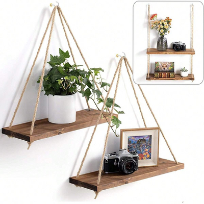 Timber Swing Suspended Jute Cord Wall Shelf